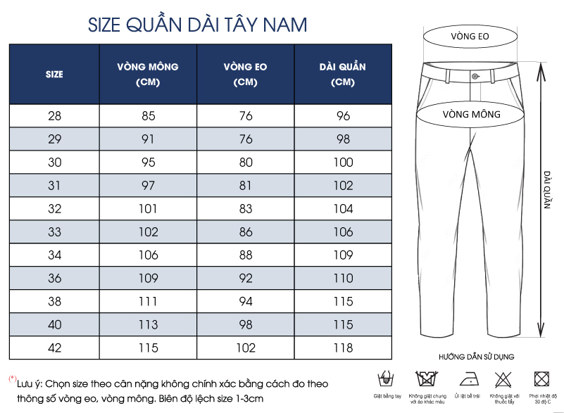 Thông số size quần tây