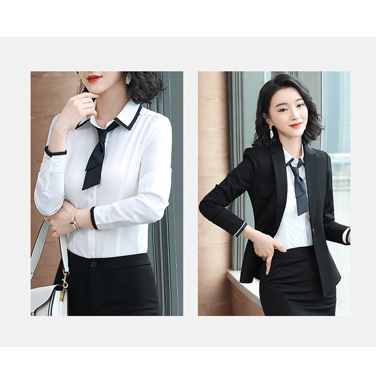 Bộ vest đen hai nút + váy ngắn + áo sơ mi trắng