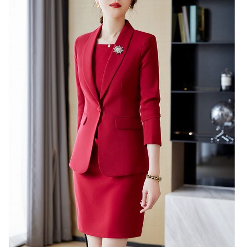 BỘ VEST NỮ TSN009-BỘ VEST DÀI TAY MÀU ĐỎ + VÁY 591